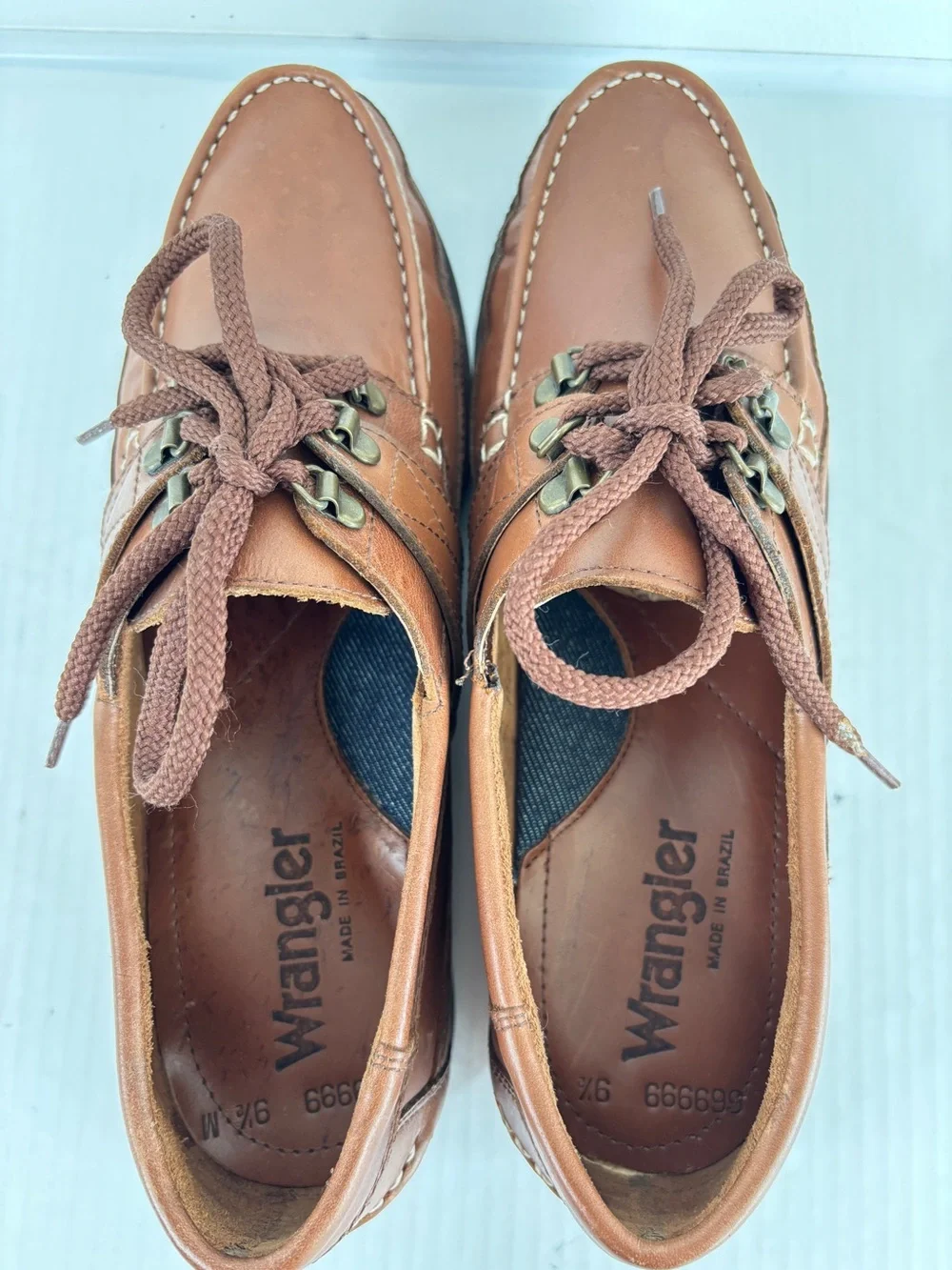 Wrangler Brown Leather Boat Shoes Mens 9.5 M Rugged Sole Crafted in Brazil NEW!